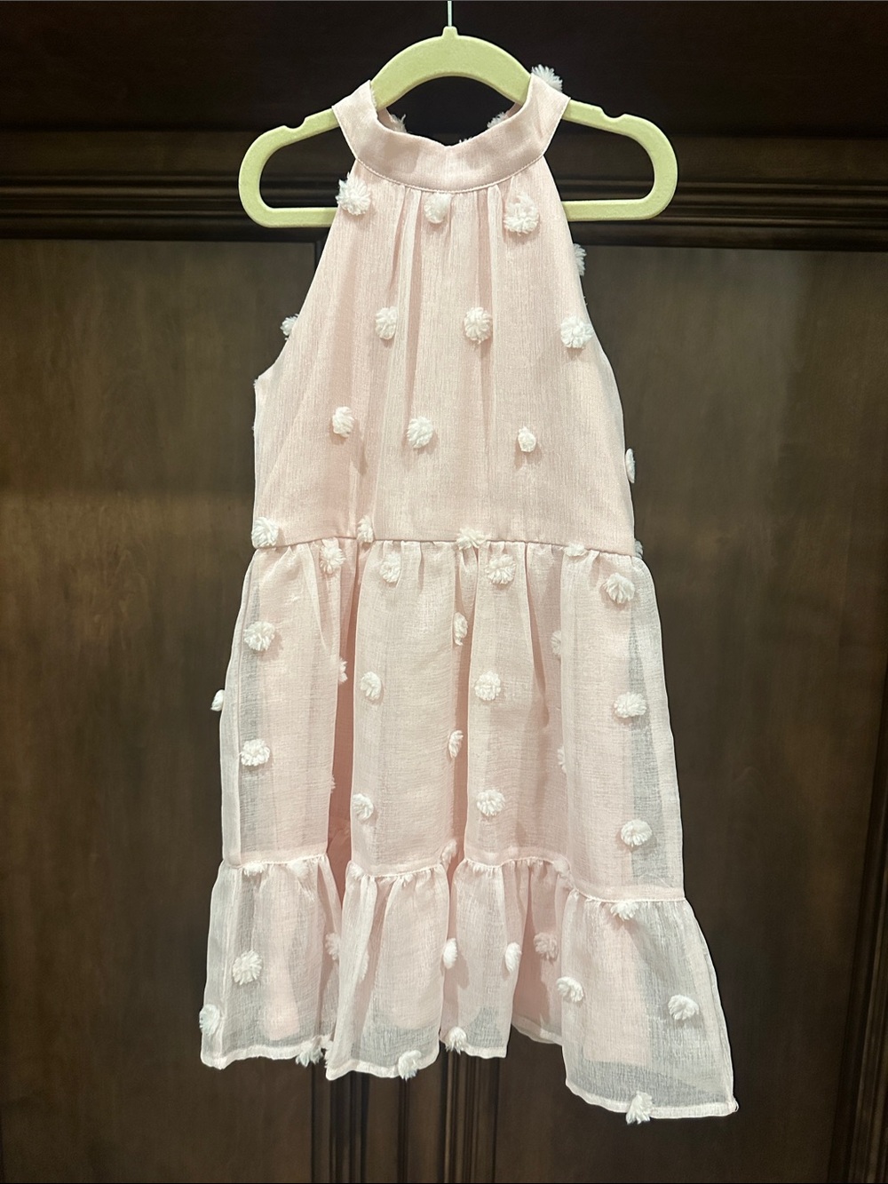 GB girls Light Pink Halter Tiered Dress with Pom-Pom Accents